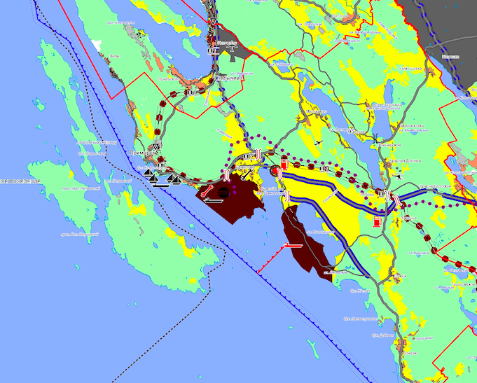 Рис. 1. Фрагмент Схемы транспортной инфраструктуры Выборгского района (в составе Схемы территориального планирования муниципального образования «Выборгский район» Ленинградской области). Коричневым цветом обозначены зоны транспортно-логистических комплексов и портов